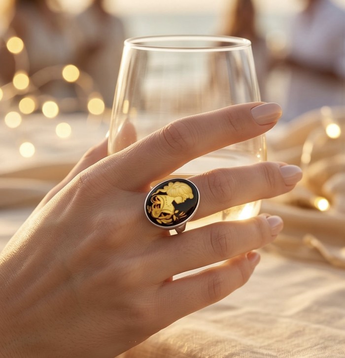 Beautiful Authentic Cameo carved Baltic Amber .925 Sterling Silver handcrafted ring; s. 7 adjustable - Cameo Baltic Amber ring worn on hand holding a glass