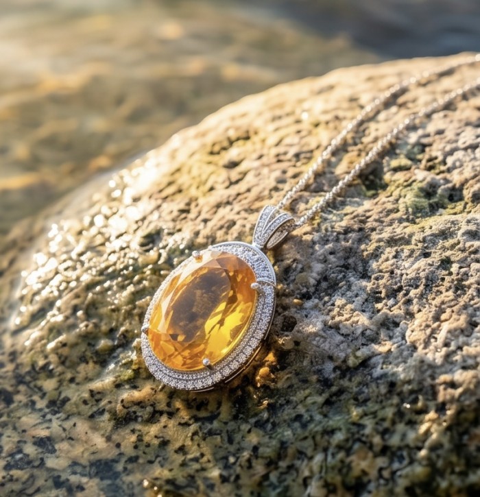 Tiffany - amazing quality 39.7 CARAT genuine Brazilian Lemon Quartz rhodium over .925 Sterling Silver handmade pendant - Close-up of a pendant with a large yellow gemstone on a textured surface.