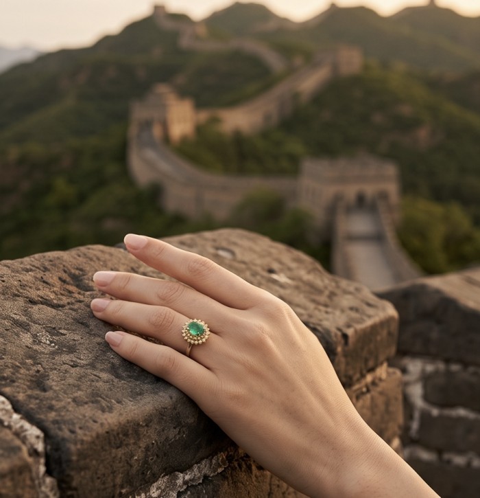Precious 3.2 CARAT Colombian Emerald 18K Gold over .925 Sterling Silver Statement Ring s. 7 - Emerald ring on hand with Great Wall of China in the background