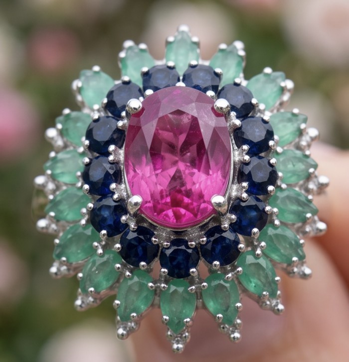 Giovanna 19.2 carat Ruby Emerald Sapphire .925 Sterling Silver dipped rhodium handmade Statement Ring size 6 3/4 - Close-up of ruby, emerald, sapphire ring in sterling silver.