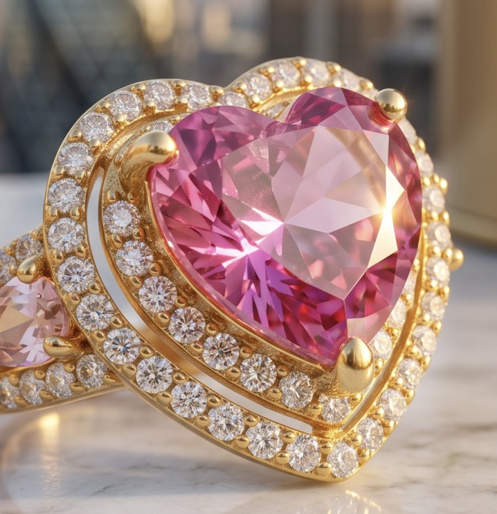 Angel's Heart 6.9 carat natural Pink Sapphire 22K Gold over .925 Sterling Silver Huge handcrafted Ring s. 7 adjustable - Close-up of Angel's Heart pink sapphire ring in 22K gold with diamonds.