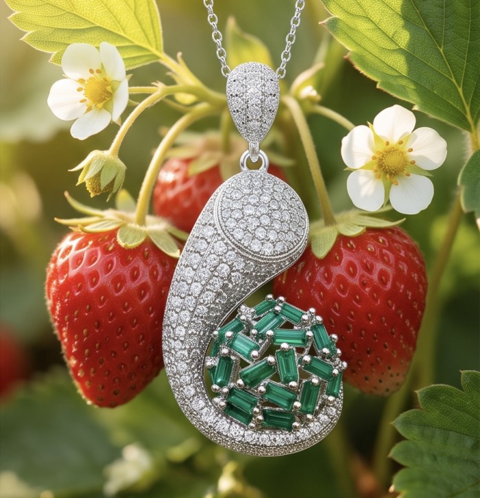 Heirloom Genuine 8.5 carat Emerald .925 Sterling Silver dipped in rhodium handmade Pendant - Emerald silver pendant with strawberries in background, stone close-up.