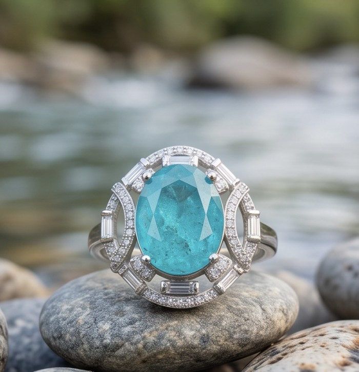 Elizabeth oval cut 11.8 carat Colombian Emerald .925 Sterling Silver dipped in Rhodium handcrafted Ring size 8 - Close-up of oval cut Colombian emerald ring on river stones