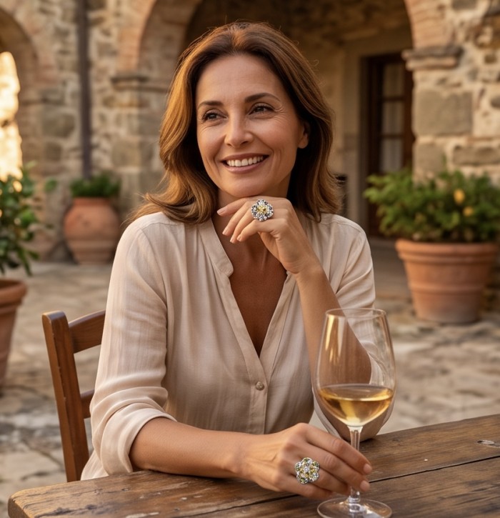 Giovanna - Authentic 14.9 carat Brazilian Citrine .925 Sterling Silver dipped in rhodium brilliantly handcrafted Ring size 8 3/4 - Woman wearing Giovanna Brazilian Citrine ring, smiling with wine glass