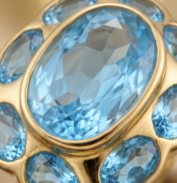 Oceania 18.3 carat Swiss Blue Topaz .925 Sterling Silver dipped in 22K Gold handcrafted ring size 8 1/4 - Close-up of Oceania 18.3 carat Swiss Blue Topaz in gold setting.