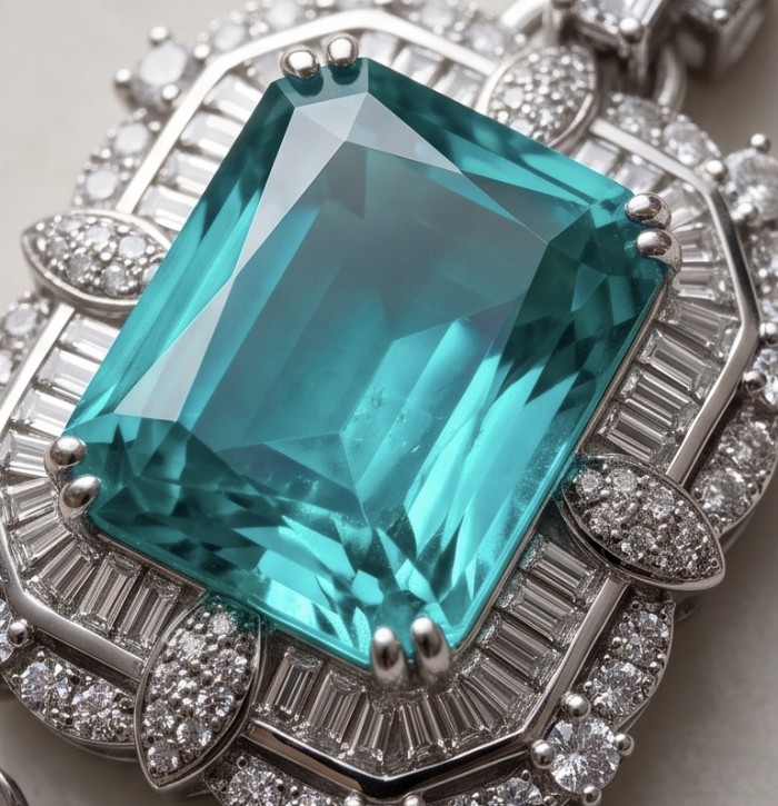 Rio Grande do Norte - Brazilian's Briliance - baquette cut 28.5 carat Paraiba Tourmaline .925 Sterling Silver handcrafted necklace - Stone close-up of Rio Grande do Norte baguette cut pendant