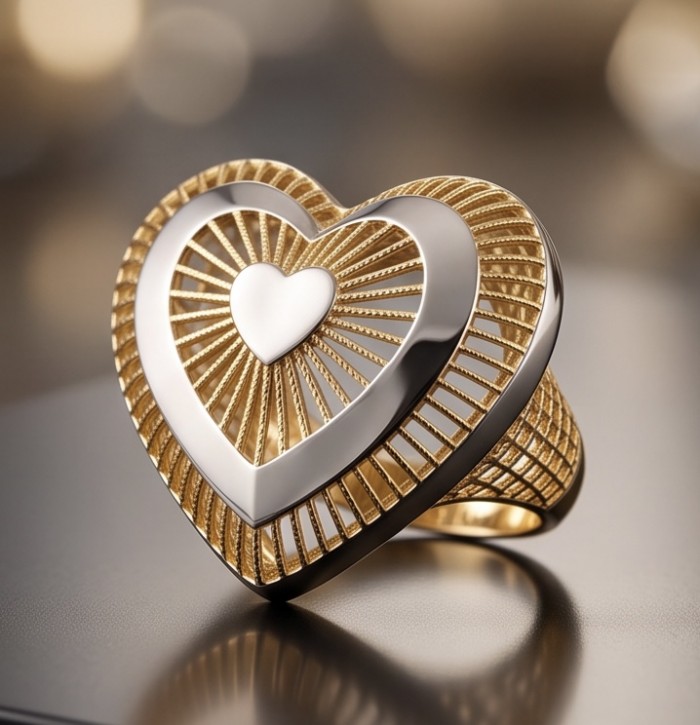 Dubai Style - Golden Heart .925 Sterling Silver dipped in 22K Gold handmade Large ring size 6 1/4 - Gold heart ring, side view, sterling silver with intricate design.