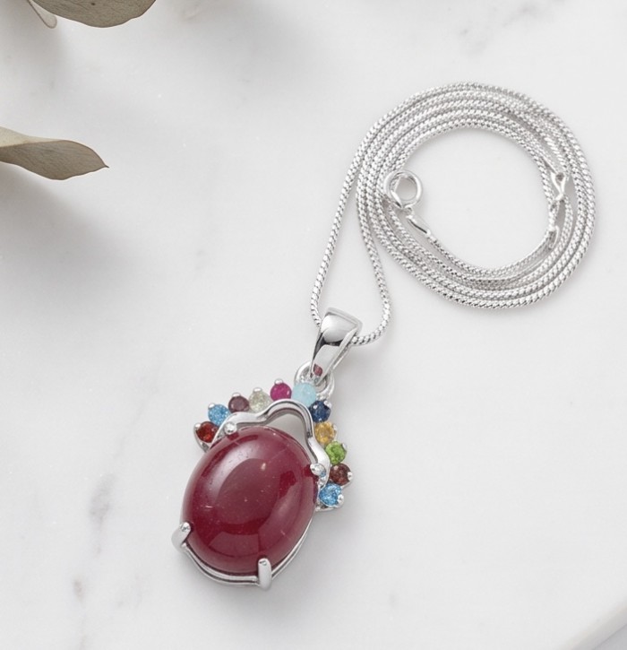Authentic 6.5 CARAT Ruby .925 Sterling Silver Pendant - Top view of sterling silver pendant with ruby and colorful gemstones.