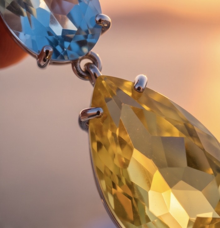 Giovanna - Authentic 27.9 carat Brazilian Citrine .925 Sterling Silver dipped in rhodium handcrafted earrings - Stone close-up of Giovanna Brazilian Citrine earrings in sunset lighting.