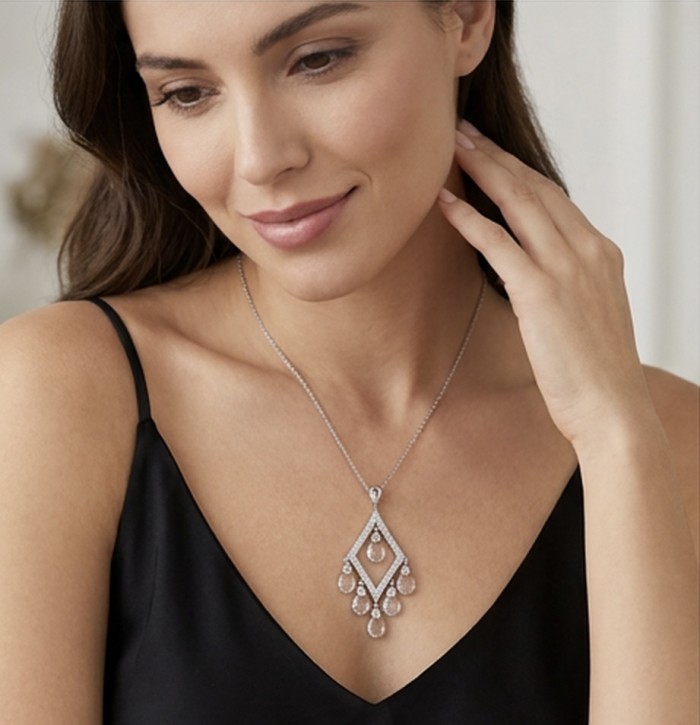 Luxurious 11.4 carat White Topaz .925 Sterling Silver handcrafted pendant - Woman wearing luxurious white topaz necklace, front view close-up.