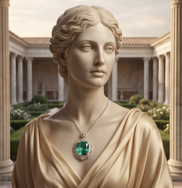 Brazilian's Briliance - emerald cut 33.7 carat Paraiba Tourmaline .925 Sterling Silver handcrafted necklace - Bust with 33.7 carat Paraiba Tourmaline necklace against classical backdrop