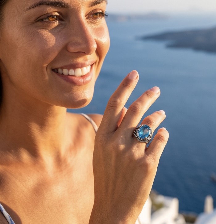 Poseidon 23.8 carat Swiss Blue Topaz .925 Sterling Silver handcrafted Large ring size 7 - Close-up of Poseidon blue topaz ring worn on hand by the sea.