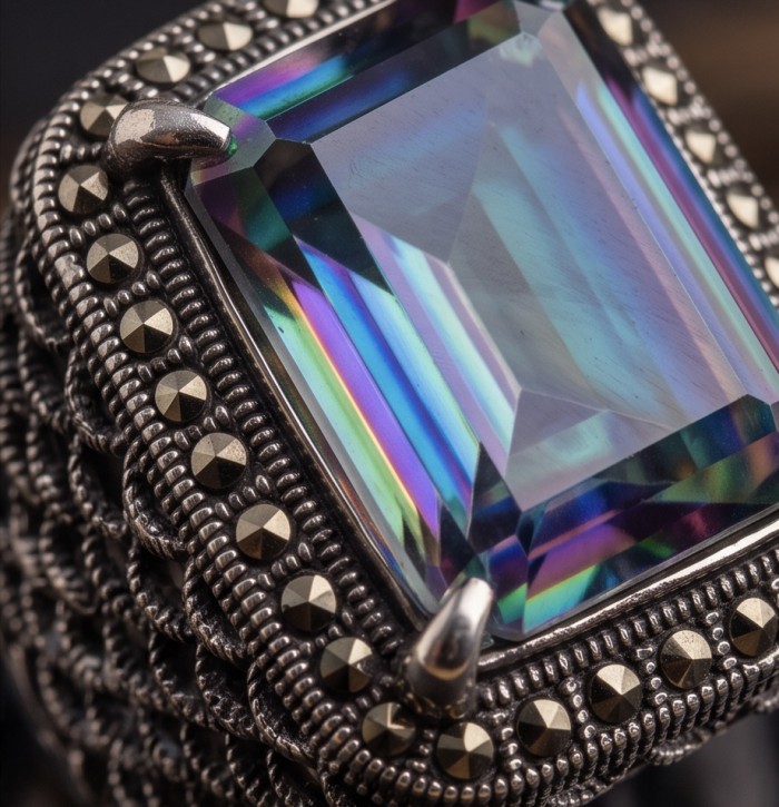 Big Dreamer Massive 25.8 carat Mystic Topaz .925 Sterling Silver handcrafted Large ring size 8 - Close-up of Mystic Topaz ring with ornate .925 sterling silver setting