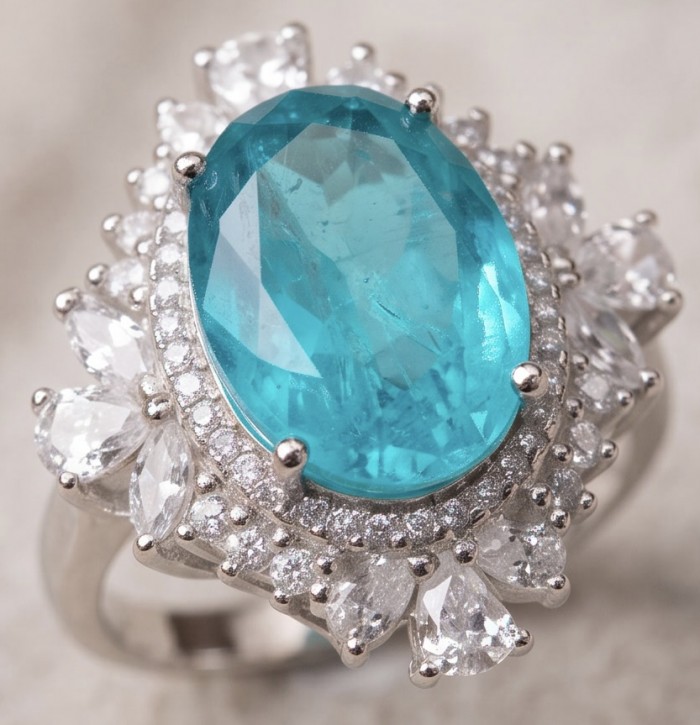 Mesmerizing 14.8 carat Aquamarine rhodium over .925 Sterling Silver handcrafted ring size 8 1/4 - Close-up of 14.8 carat aquamarine ring with diamond accents