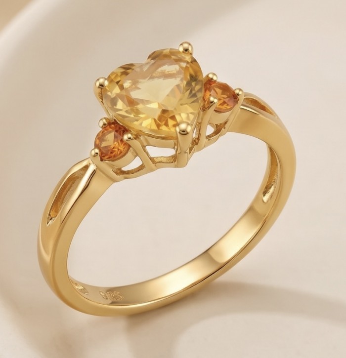 Victoria 5.2 carat Brazilian Citrine .925 Sterling Silver dipped in 22K Gold handcrafted ring; s. 9 - Side view of Victoria 5.2 carat Brazilian Citrine ring in gold-plated silver.
