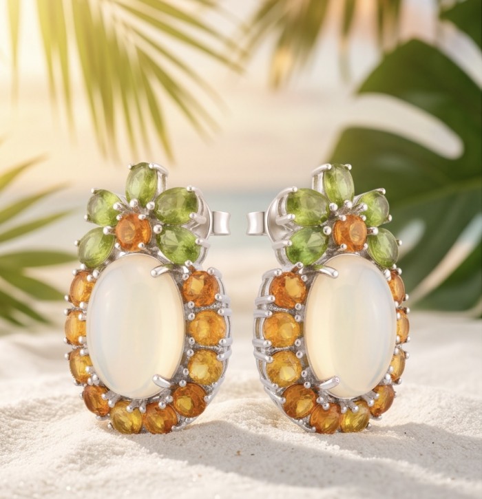 Angelina - Top quality 45.8 carat Brazilian Rose Quartz .925 Sterling Silver dipped in rhodium Handcrafted Statement earrings - Close-up of gemstone earrings with Brazilian Rose Quartz on sandy background