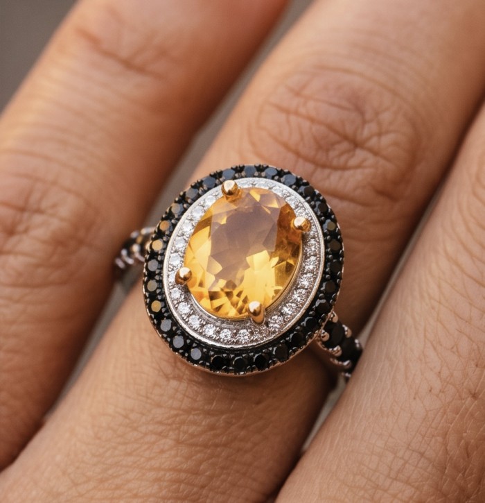 Emily 4.2 carat Brazilian Citrine Sapphire .925 Sterling Silver dipped in rhodium handcrafted ring; s. 7 1/2 - Citrine sapphire ring worn on hand, close-up view