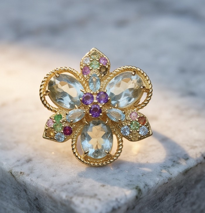 Enchanted Flower 28.5 carat Aquamarine .925 Sterling Silver dipped in Real 22K Gold Oversized Ring size 8 - Enchanted Flower jewelry close-up, highlighting stones and details.