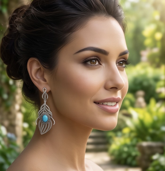 Valentina 12.9 carat Natural TURQUOISE .925 Sterling Silver dipped in RHODIUM handcrafted earrings - Side view of Valentina earrings with turquoise stone and sterling silver.