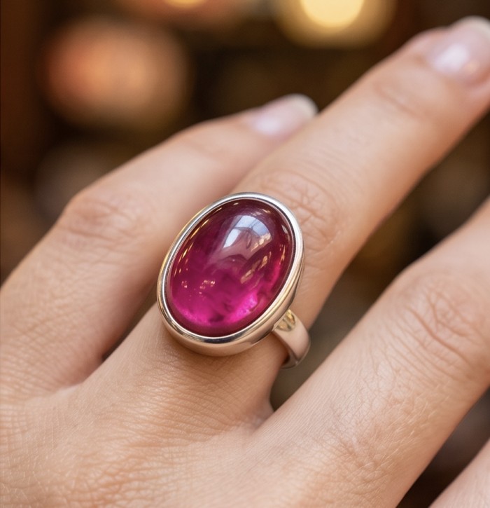 Bella Rosa Genuine 10.5 CARAT Star Ruby rhodium over .925 Sterling Silver Statement Ring size 9 - Close-up of Bella Rosa 10.5 carat star ruby ring worn on hand