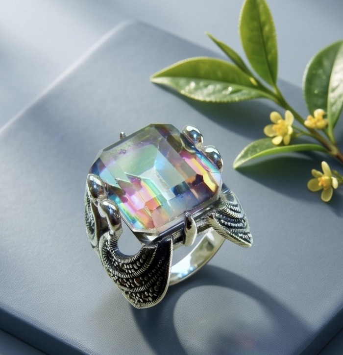 Two Swans Authentic 27.4 carat Mystc Topaz .925 Sterling Silver brilliantly handcrafted large Statement Ring size 8 - Topaz ring stone close-up on gray surface with leaves and flowers.