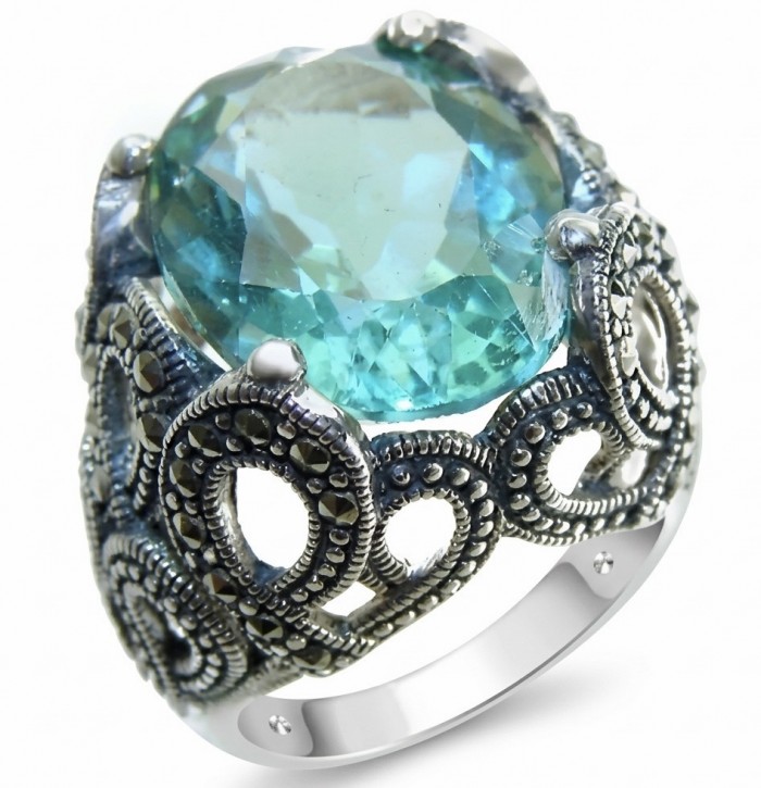 Massive Deep Blue 25.8 carat Aquamarine Marcasite .925 Sterling Silver handcrafted ring size 9 - Close-up of massive deep blue aquamarine ring with marcasite details.