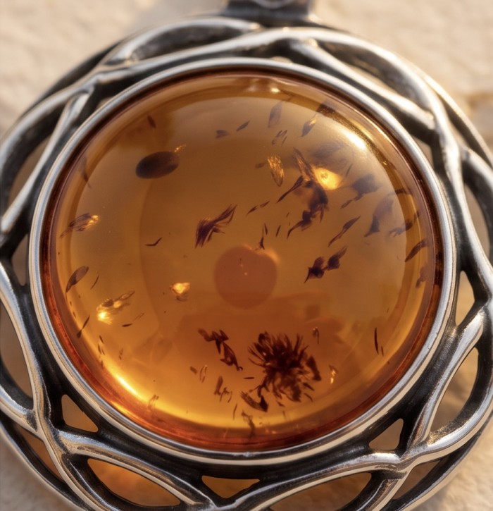 Prehistoric Authentic Baltic Amber .925 Sterling Silver beautifully handcrafted Pendant - Close-up of Baltic amber in intricate silver setting