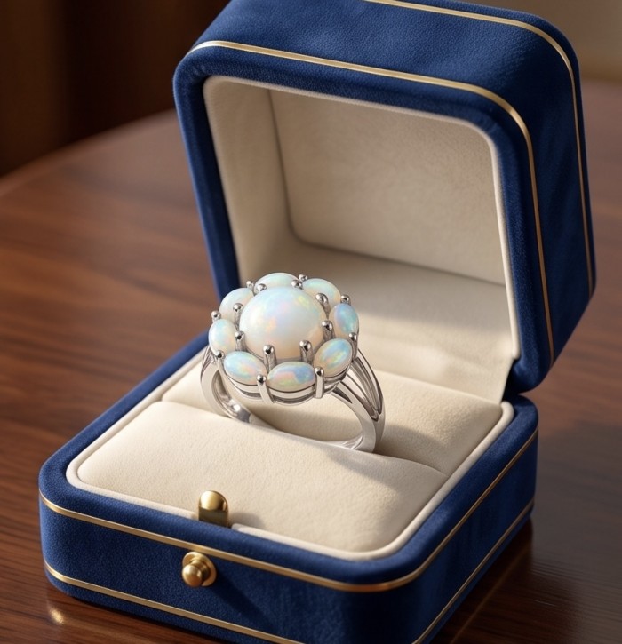 Golden Galaxy Genuine 12.8 carat Ethiopian Opal rhodium over .925 Sterling Silver handmade Ring size 8 - Opal ring in blue box, top view detailed.