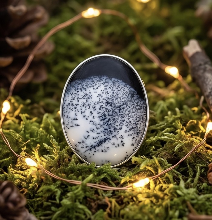 LARGE Top Quality Dendritic Agate .925 Sterling Silver handcrafted Ring s. 7 adjustable - Close-up of dendritic agate ring on moss with string lights