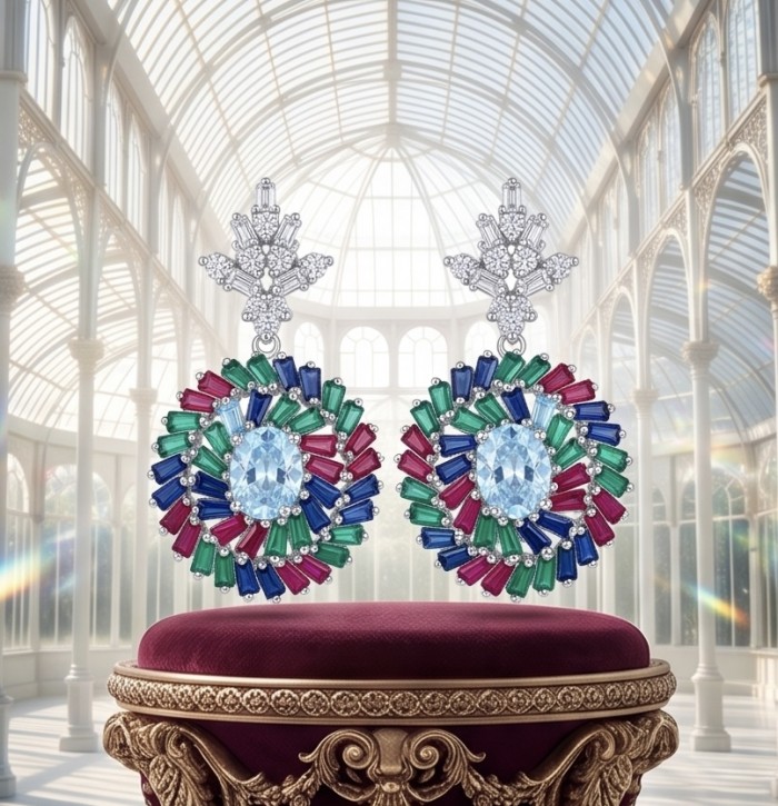 Genuine 6.8 carat Ruby rhodium over .925 Sterling Silver handcrafted Statement Earrings - Colorful earrings with gems, displayed on a plush cushion, elegant setting.