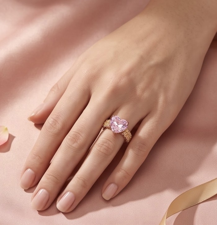Angel's Heart 10.2 carat Pink Sapphire .925 Sterling Silver dipped in Rhodium plated with 18k Rose Gold Handcrafted Statement Ring size 6 3/4 - Pink sapphire ring on hand, heart-shaped stone, gold band detail.