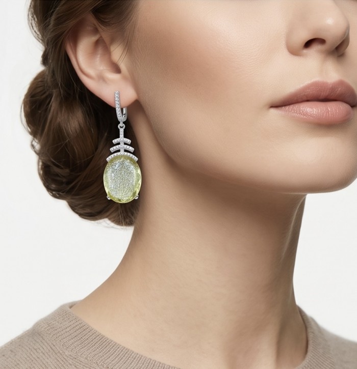 Summer Time 17.8 carat Lemon Quartz rhodium over .925 Sterling Silver handcrafted Statement Earrings - Worn side view of Lemon Quartz earring on model.