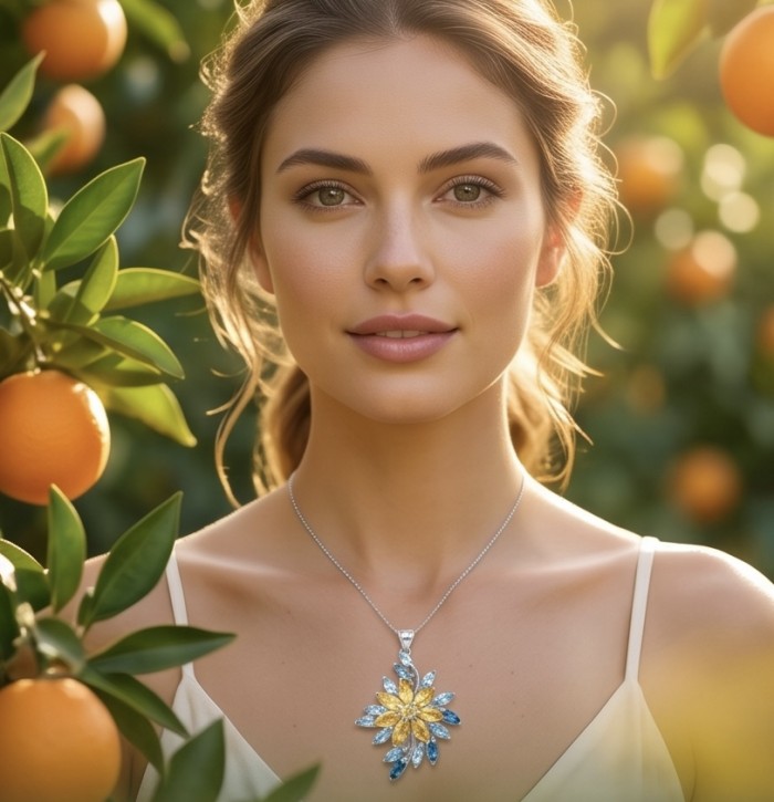 Giovanna - Authentic 12.9 carat Brazilian Citrine .925 Sterling Silver dipped in rhodium handcrafted Statement Pendant - Woman wearing Giovanna necklace, citrus background, front view.
