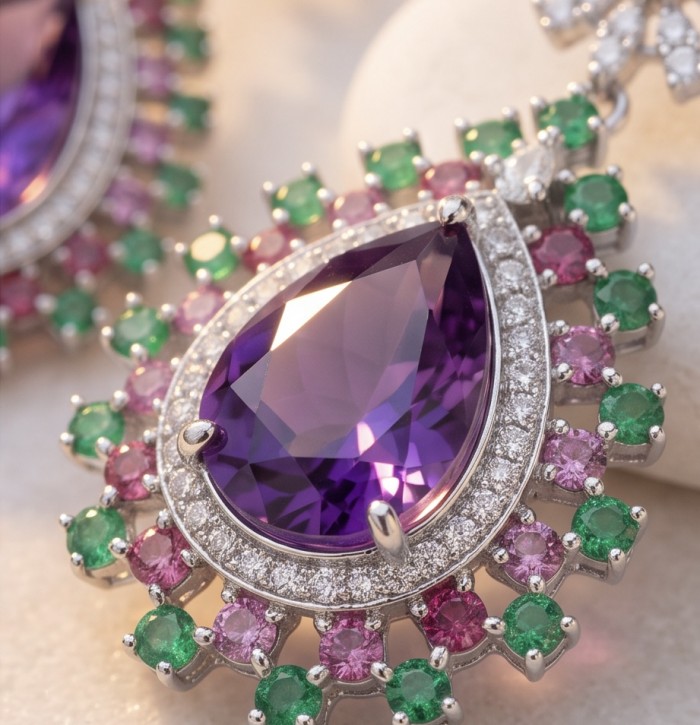 Giuseppina - Authentic 18.5 carat Amethyst rhodium over .925 Sterling Silver handcrafted Statement Earrings - Stone close-up of Giuseppina amethyst with emerald and pink accents.