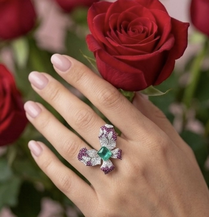 Iconic design - Exclusive Bow- Natural 4.5 carat carved Emerald pave 3.4 carat Ruby rhodium over .925 Sterling Silver handcrafted ring size 6 1/2 - Hand view of Iconic Exclusive Bow ring with 4.5 carat emerald.