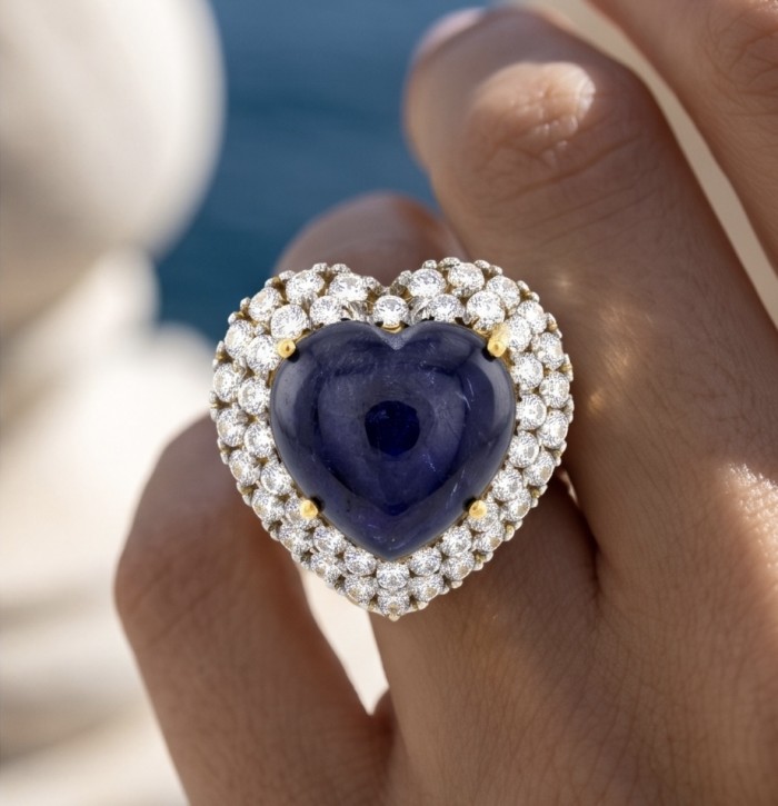 Blue Angel's Heart - Iconic design - Genuine 22.5 carat Sapphire .925 Sterling Silver dipped in 22K Gold handcrafted Ring size 6 - Heart-shaped blue gemstone ring close-up, worn on hand with diamond halo.