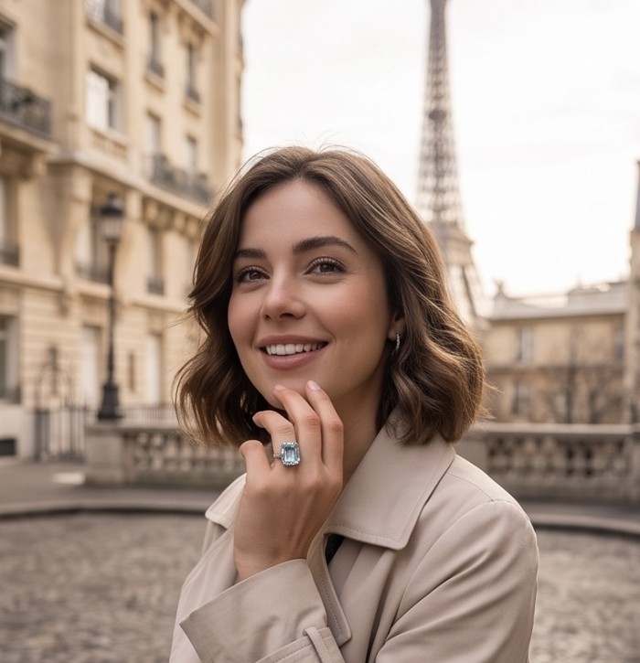 Angelina 10.9 carat authentic Aquamarine .925 Sterling Silver Handcrafted Ring size 7 - Woman wearing Angelina Aquamarine ring, Eiffel Tower in background.
