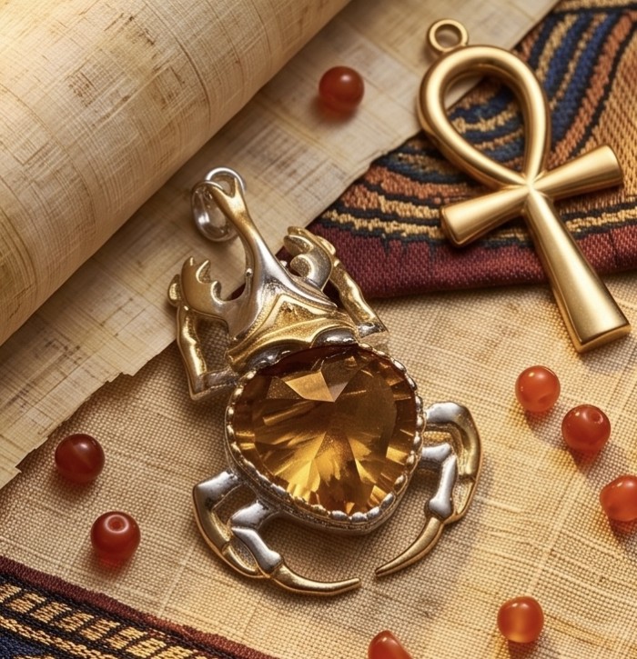 Authentic 15.9 catat Champagne Topaz Scarabaeus 18K Gold over .925 Sterling Silver handmade Pendant - Scarabaeus pendant close-up with Champagne Topaz and gold Ankh charm.