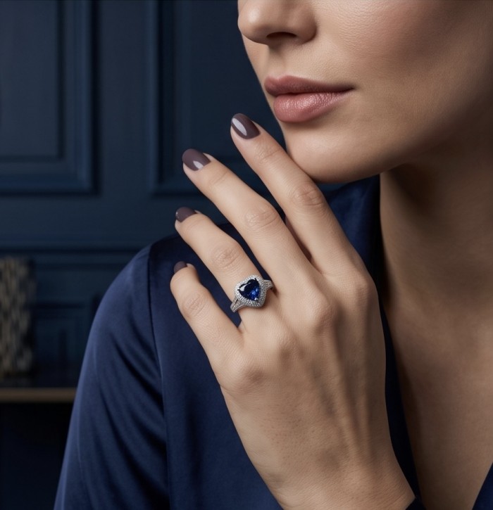 Ocean's Heart - Luxurious 7.8 carat Sapphire .925 Sterling Silver handcrafted Ring size 7 - Sapphire ring worn on hand, showcasing elegant design and detail.