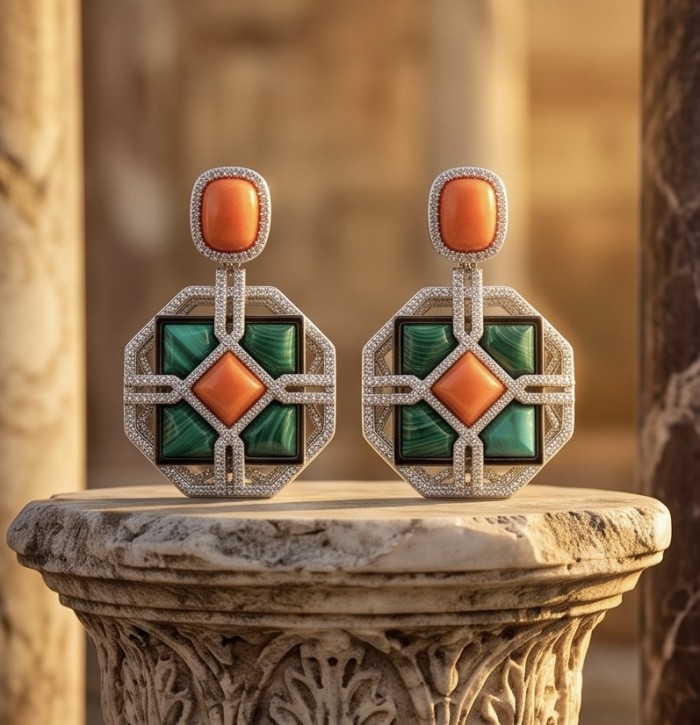 Art Deco Genuine Orange Fossilized Coral Malachite rhodium over .925 Sterling Silver handmade earrings - Art Deco earrings with orange coral and malachite on ornate pedestal