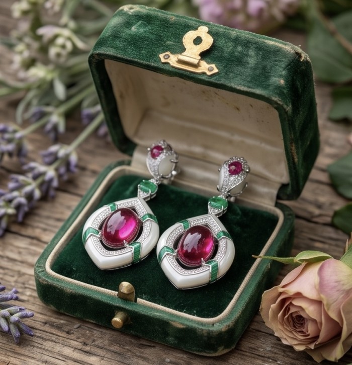 Art Deco - Countless Blessings Genuine 14.5 carat Authentic Ruby enamel rhodium over .925 Sterling Silver handcrafted earrings - Art Deco earrings in velvet box, top view, with pink and green stones.
