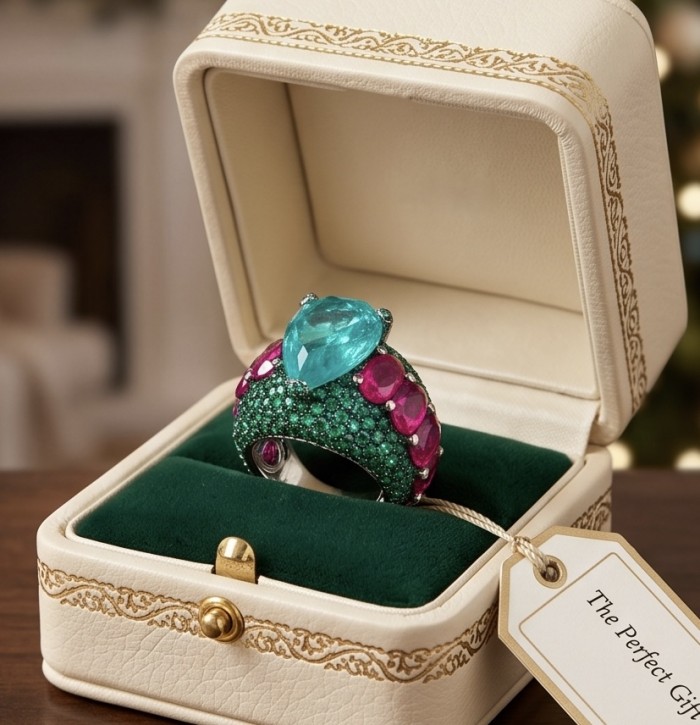 Iconic design - Natural 14.5 carat Emerald 6.8 carat Ruby Sapphire rhodium over .925 Sterling Silver handcrafted ring size 7 - Opulent ring with emerald and rubies in open box, top view