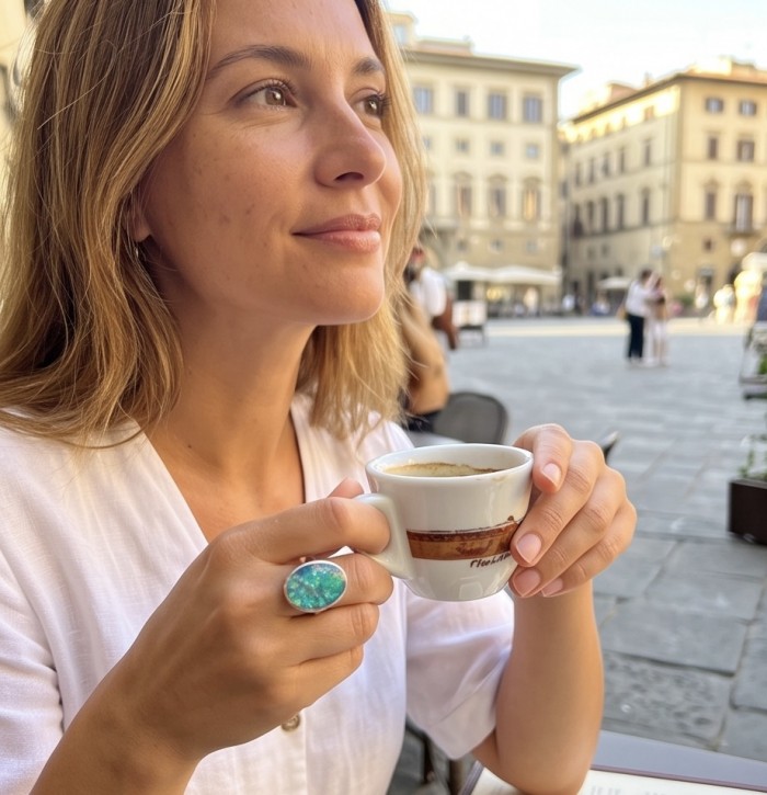 Endless Ocean Genuine 18.5 carat Australian Opal .925 Sterling Silver handmade Ring size 6 1/4 - Opal ring worn on hand holding coffee cup in outdoor setting.