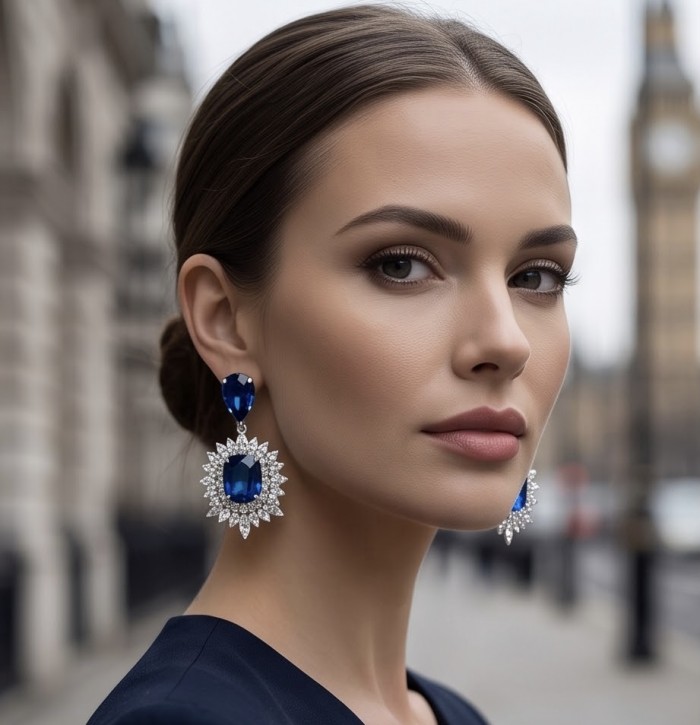 Giuseppina - Authentic 15.5 carat Amethyst Sapphire rhodium over .925 Sterling Silver handcrafted Statement earrings - Side view of blue sapphire earrings with diamond accents worn by a model.