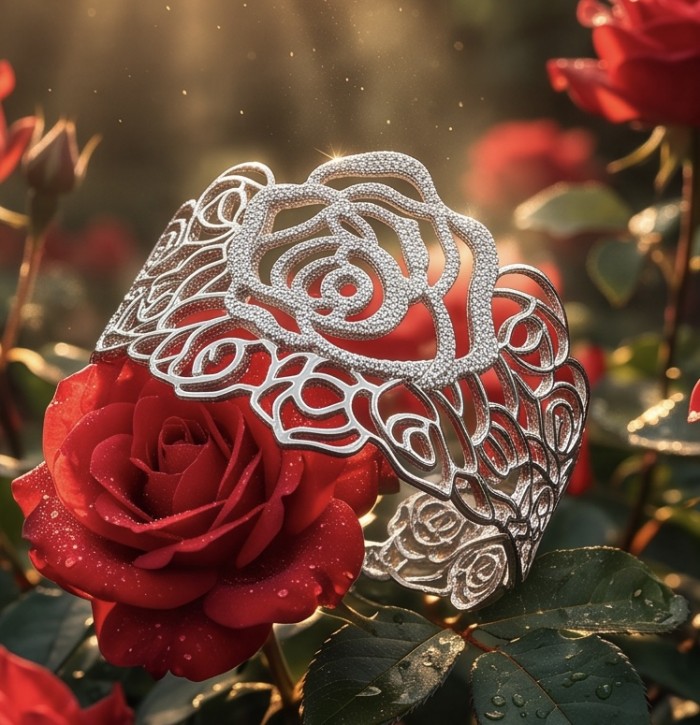 Dolce Vita - Precious Natural 12.5 carat pave White Topaz rhodium over .925 Sterling Silver handcrafted bracelet - Rose-inspired bracelet in garden setting, front view with red roses.
