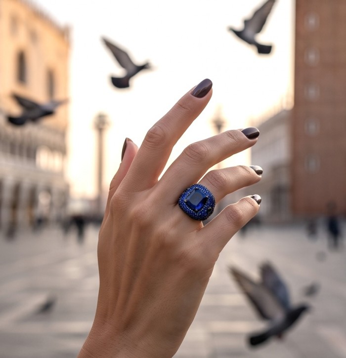 Iconic design - Natural 14.5 carat Sapphire 4.8 carat pave Sapphire rhodium over .925 Sterling Silver handcrafted ring size 6 1/4 - Sapphire ring on hand with birds in background.
