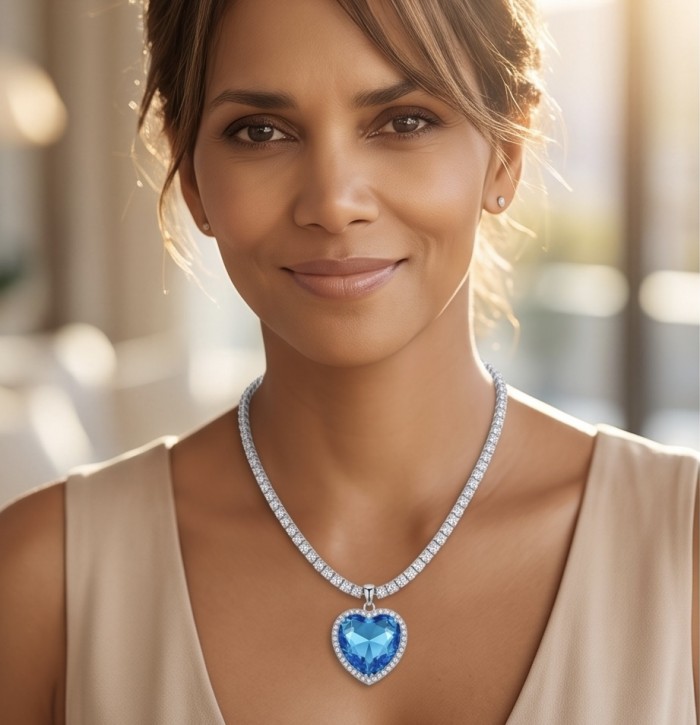 Titanic - Heart of The Ocean Necklace ~ 33.5 Ct Blue Sapphire Necklace In 925 Sterling Silver necklace - Woman wearing Titanic Heart of the Ocean necklace, front view