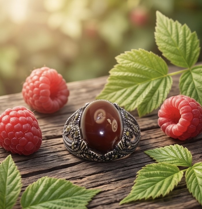 Orange Power natural Carnelian .925 Sterling Silver handmade ring s. 9 - Carnelian ring close-up on wood with raspberries and leaves.