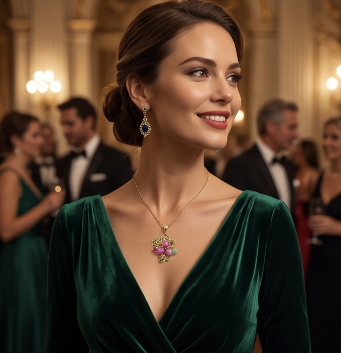 Giovanna 18.5 carat Emerald Ruby Sapphire 18K Gold over .925 Sterling Silver handcrafted Pendant - Woman wearing Giovanna necklace, 18K gold with emerald, ruby, sapphire.