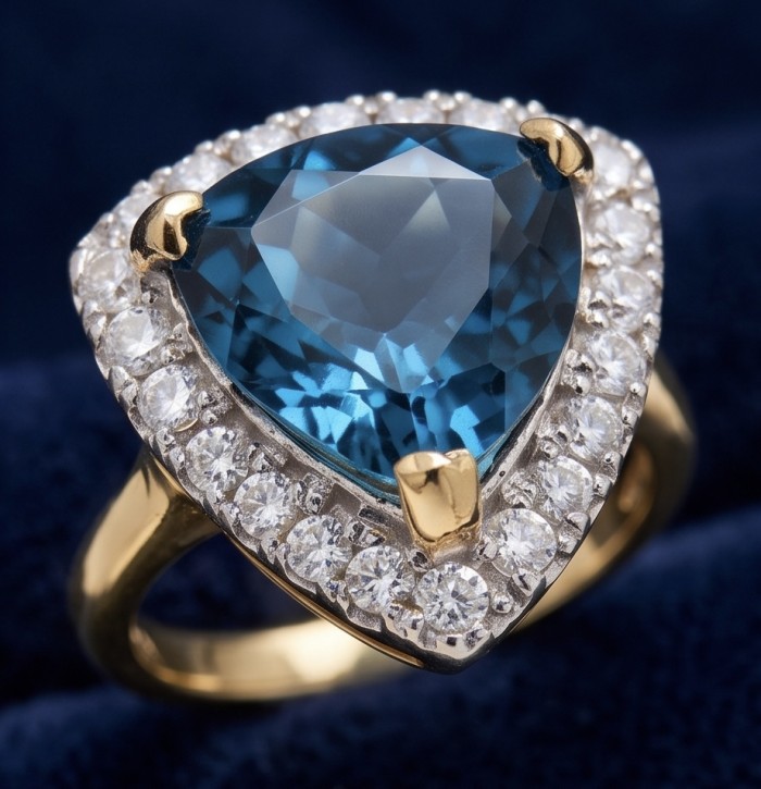Odyssey 10.5 carat natural trillion cut London Blue Topaz 22K Gold over .925 Sterling Silver Handcrafted Ring size 6 - Close-up of Odyssey 10.5 carat trillion cut London Blue Topaz ring